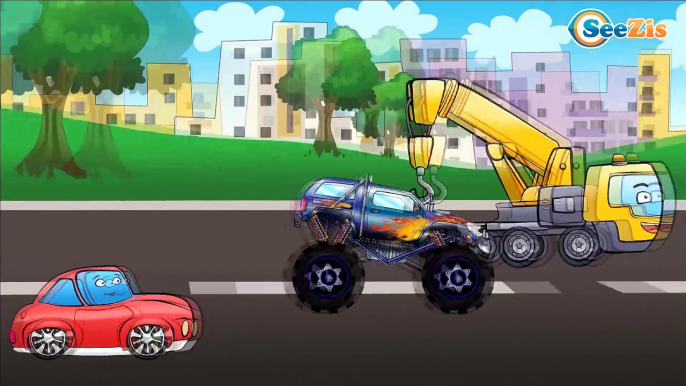 Dessin animé voiture. Grue, Le Camion Monstre. Voiture pour enfants. Tiki Taki Dessins Animes