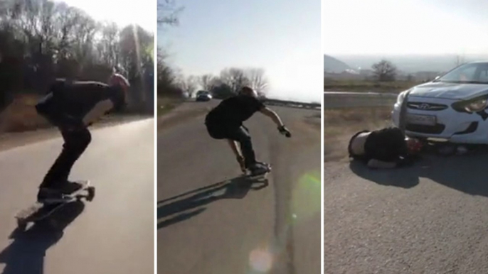 A pleine vitesse sur son longboard, il percute une voiture