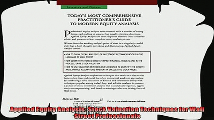 complete  Applied Equity Analysis Stock Valuation Techniques for Wall Street Professionals