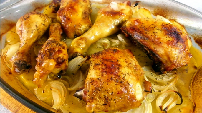 POLLO AL HORNO CON PAPAS Y CEBOLLA - Recetas de cocina faciles rapidas y economicas