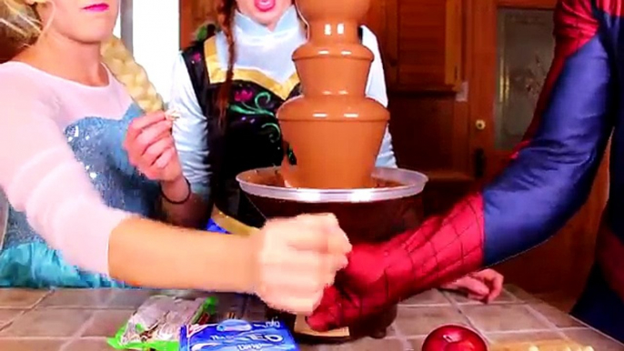 Frozen Elsa _ Spiderman CHOCOLATE FOUNTAIN! w_ Joker Maleficent Princess Anna Toys! Superheroes IRL