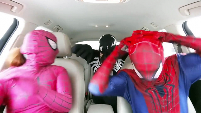 Pink Spidergirl & Spiderman & Venom Dancing in the Car! Superheroes Funny Movie in Real Life!