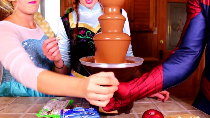 Frozen Elsa & Spiderman CHOCOLATE FOUNTAIN! w/ Joker Maleficent Princess Anna Toys! Superheroes IRL