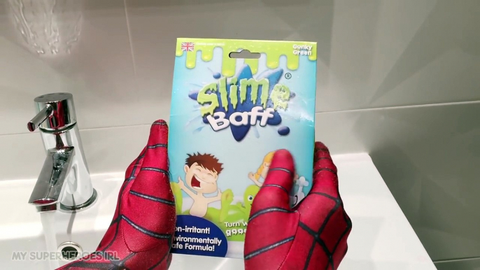 New Spiderman BathTime - Spiderman discovers green SLIME BAFF in Real Life - Superheroes Fun Movie