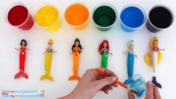 Learn Rainbow Colors with Play Doh & Disney Princess Mermaids & Water Paint * RainbowLearning