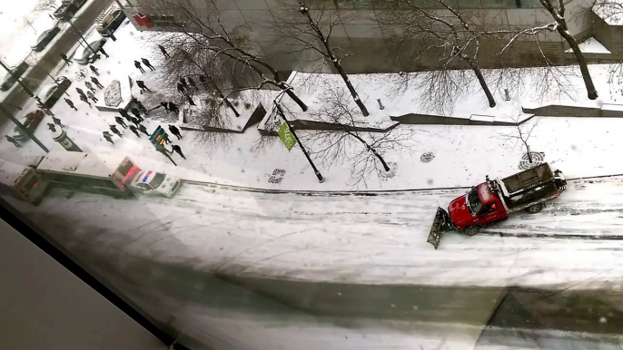 Snow plough, Police car, Busses, cars and pickup crash into each other while sliding down icehill