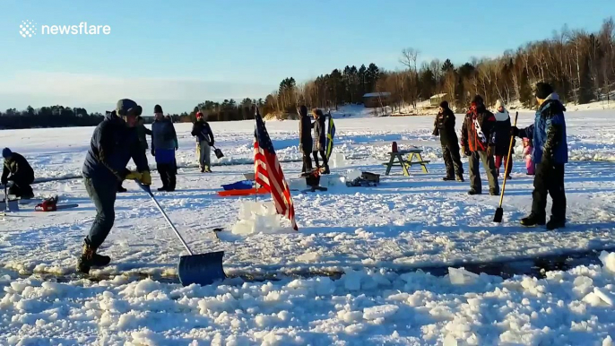 Ice Merry-Go-Round made out of spinning ice disc on frozen lake