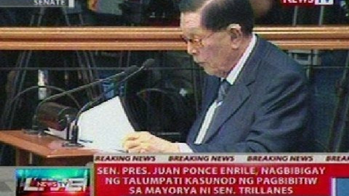 NTL: Sen. Pres. Enrile, nagbibigay ng talumpati kasunod ng pagbibitiw sa mayorya ni Sen. Trillanes