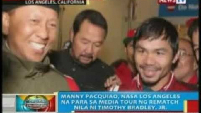 BP: Manny Pacquiao, nasa Amerika na para sa media tour ng rematch nila ni Timothy Bradley, Jr.