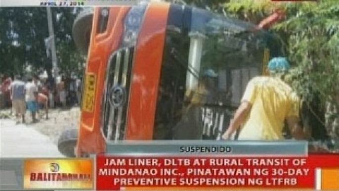 Jam Liner, DLTB at Rural Transit of Mindanao Inc., pinatawan ng 30-day preventive suspension