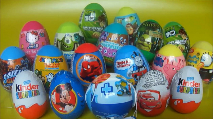 18 Surprise eggs Mickey Mouse Smurfs Hello Kitty Cars 2 Shrek disney egg