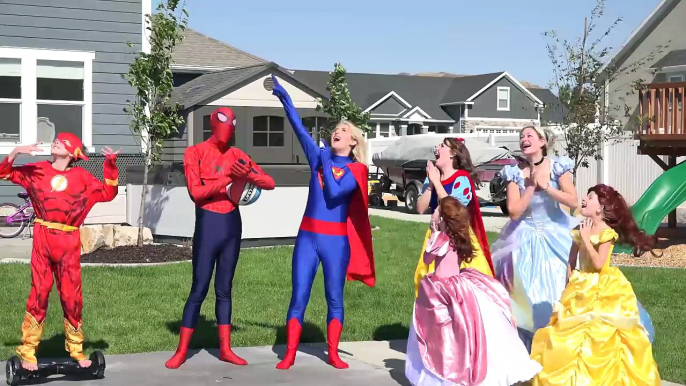 Superbaby and Supergirl vs Spiderman in basketball w/ Disney Princesses Ariel Belle & Kid Flash