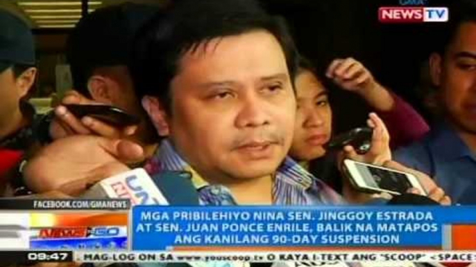 NTG: Mga pribilehiyo nina Jinggoy at Enrile, balik na matapos ang kanilang 90-day suspension