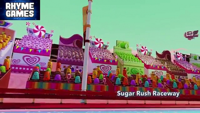 Lightning McQueen from Cars racing in Sugar Rush from Wreck is Ralph