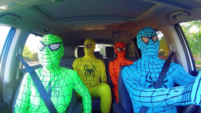 The Amazing Blue Spiderman dancing in a car w/ green spiderman and orange spiderman and ye