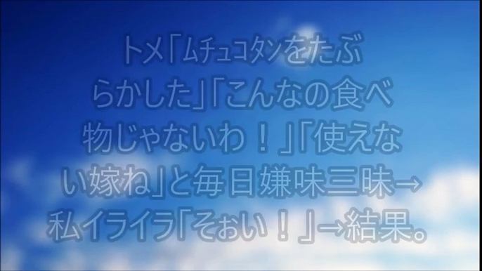 【スカッとする話】トメ「ﾑﾁｭｺﾀﾝをたぶらかした」「こんなの食べ物じゃないわ！」「使えない嫁ね」と毎日嫌味三昧→私イライラ「そぉい！」→結果。