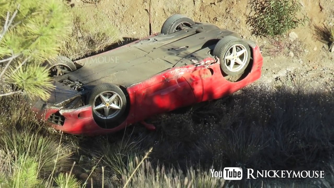 Crazy Ferrari Crash , Car Flips Down Steep Embankment