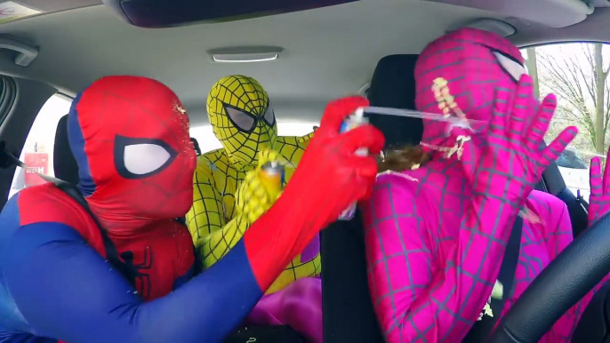 Superheroes Dancing in a Car!! Superheroes in real life Spiderman and frozen elsa Pink spi