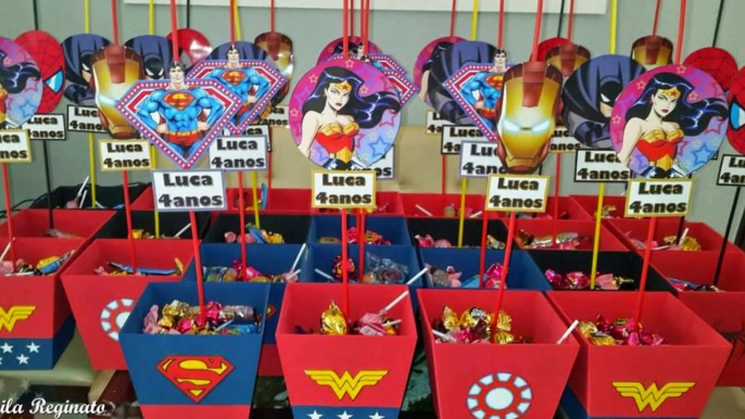 Ideias Festa Super herois - centros de mesa bolos e lembrancinhas