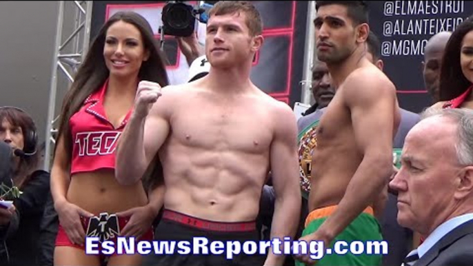 SAUL CANELO ALVAREZ VS AMIR KING KHAN FACE OFF & WEIGH IN - EsNews Boxing