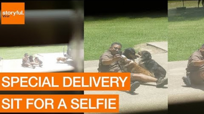 Cheerful UPS Deliveryman Poses For Selfie With Household Dogs