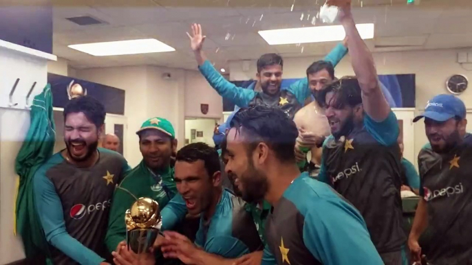 celebration of pakistan cricket team in dressing room after winning champion trophy 2017