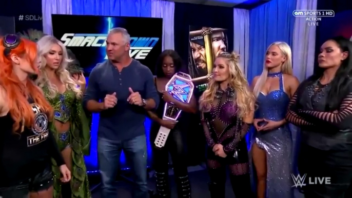 Shane McMahon, Charlottle Flair, Naomi, Becky Lynch, Natalya, Tamina, Lana, Carmella Backstage SmackDown 07.11.2017