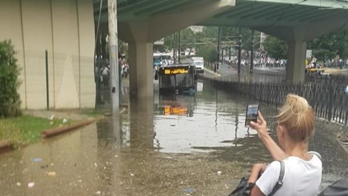 Bus Stuck on Flooded Istanbul Street in Aftermath of Torrential Rain