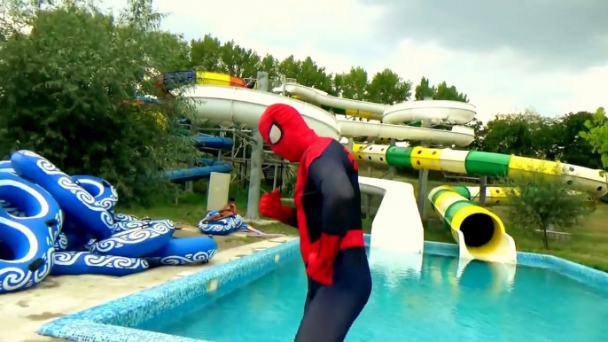 HUGE WATER SLIDES Spiderman Kids Video Aqua Park Summertime Superhero in Real Life