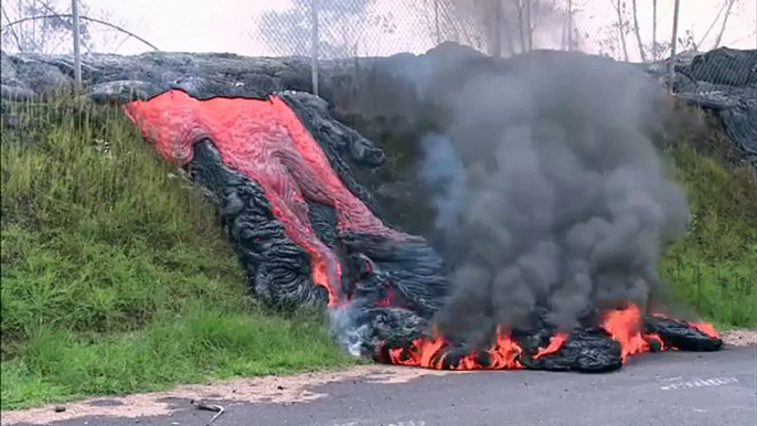 HYPNOTIC Video Volcano Eruption Lava Flows Drips to the Ocean Water and Burns Cottage House Viral