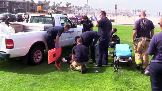 City Worker`s Truck Runs Over Man Lying in Grass in San Diego