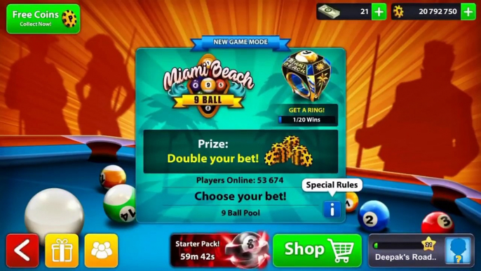 8 Ball Pool The Smartest Trick To Win Miami Beach 9 Ball Pool -Deepaks Road EP 21- - NEW UPDATE -