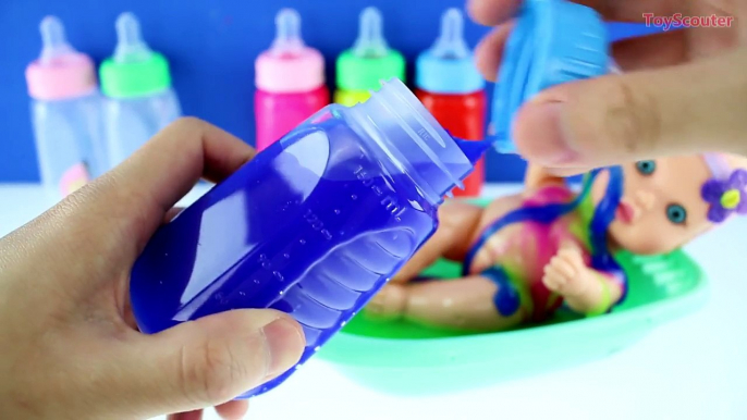 BABY DOLL BATHTIME SLIME! Learn Colors w/ Surprise Toys in OOZE Baby Bottles