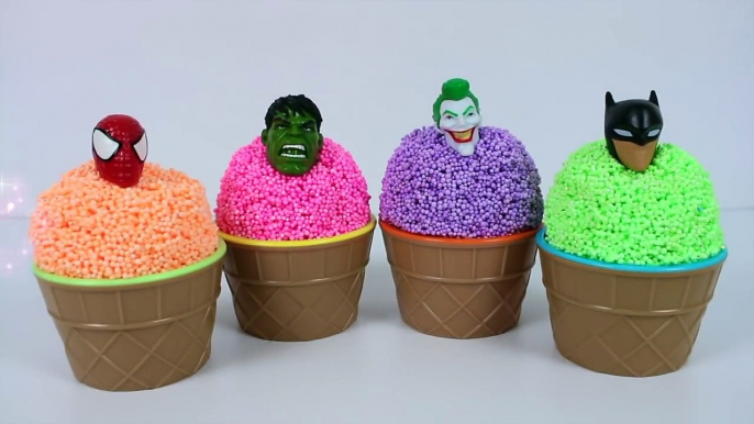 LEARN COLORS PLAY FOAM SURPRISE TOYS PRETEND ICE CREAM CUPS WITH SUPERHEROES HULK SPIDERMAN BATMAN