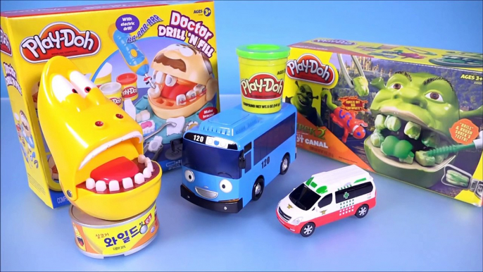 Play Doh Shrek and Doctor Drill 'N Fill Rotten Root Canal Playdough Dentist with Tayo the little bus