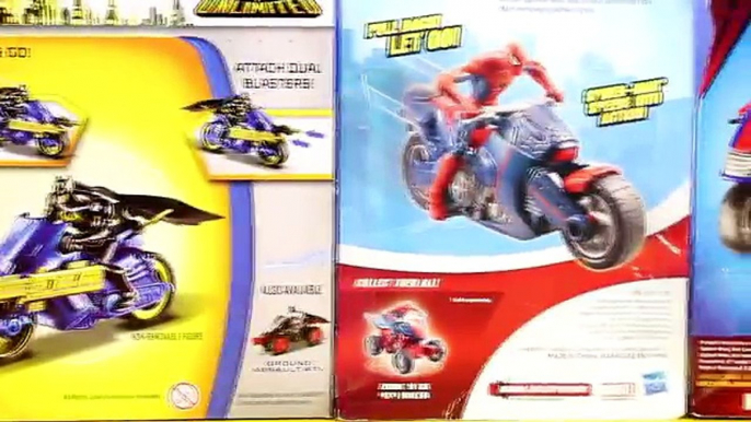 Batman Unlimited Batcycle Bat ATV Vs. Spiderman Pull Back N Go Spider-man Spider Cycle