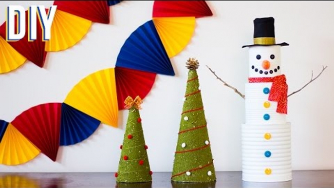 DIY - 3 ENFEITES DE NATAL PARA A SUA CASA  Boneco de lata, Mini Árvore e Leques