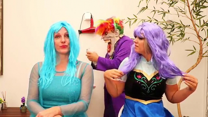 Frozen Elsa & Anna vs Joker CRAZY HAIR SALON w/ Spiderman Hulk Maleficent Superhero in Real Life IRL