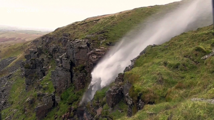 Waterfall blown upwards by strong winds of Storm Ophelia