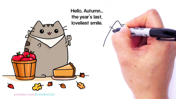 How to Draw Autumn Pusheen Cat Eating Pie step by step Easy - Fall Leaves