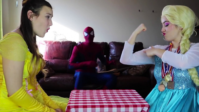 Frozen Elsa & Rapunzel FOOD MAKEUP CHALLENGE w/ Spiderman Belle Joker Fun Superhero in real life IRL