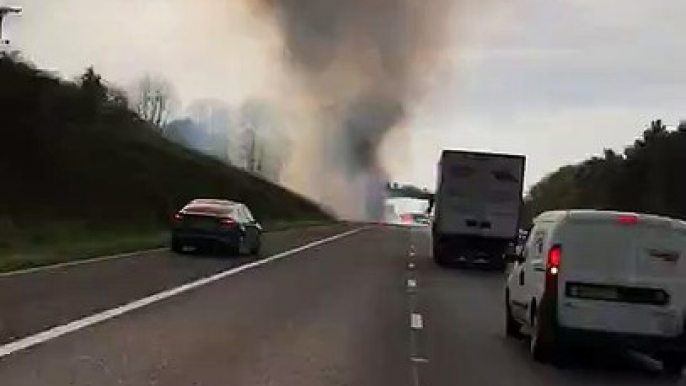 Truck carrying fireworks for Guy Fawkes night catches fire on the M1 motorway in England