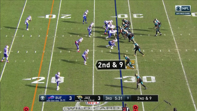 Jacksonville Jaguars quarterback Blake Bortles barrels through Bills defenders for a big first down