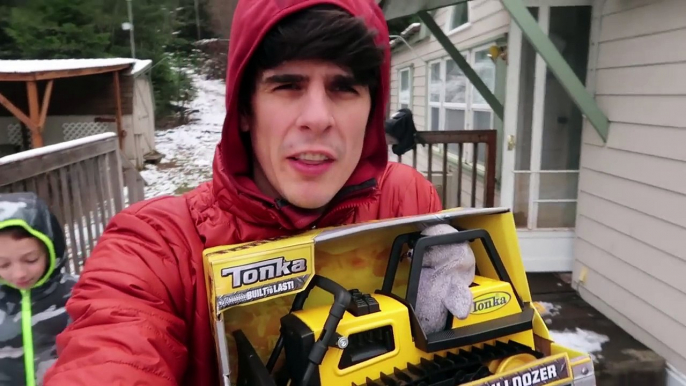 Toy Truck CRUSHED by GiANT SNOWBALL! | Tonka Steel Buldozer Toy Truck Review
