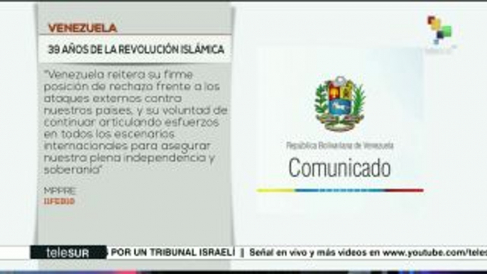 Venezuela felicita a Irán por 39 aniversario de la Revolución Islámica