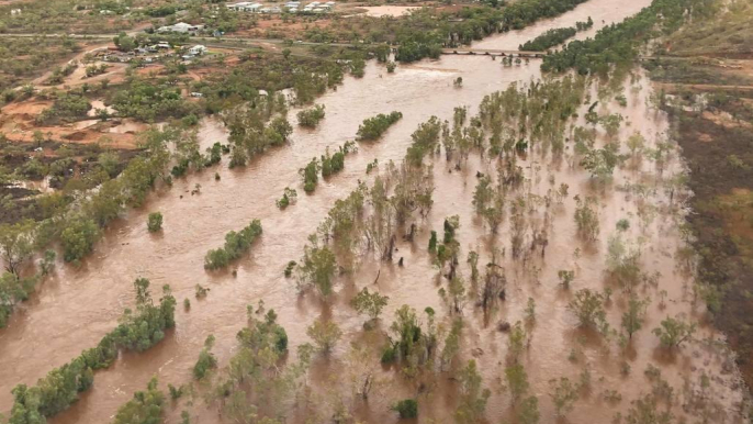 Aerial Footage Shows Flooded Roads Between Julia Creek and Cloncurry in Northwest Queensland