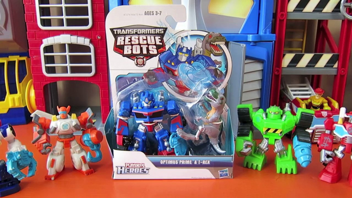 TRANSFORMERS RESCUE BOTS OPTIMUS PRIME TAKES ON T-REX WITH HEATWAVE CHASE BOULDER BLADES