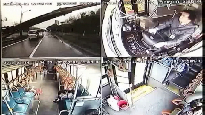 Dash-cam video shows bus hitting woman who abruptly exited car