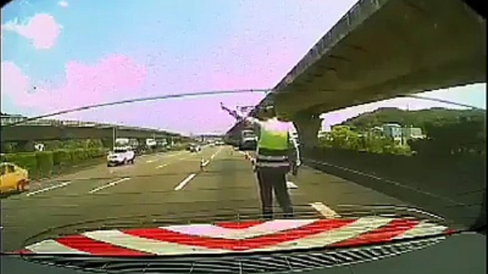 A lucky police man survives an accident