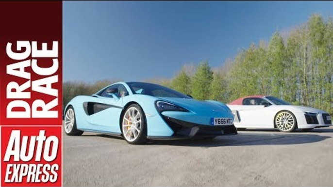 Audi R8 V10 Plus vs McLaren 570S Spider drag race - British vs German supercar power battle